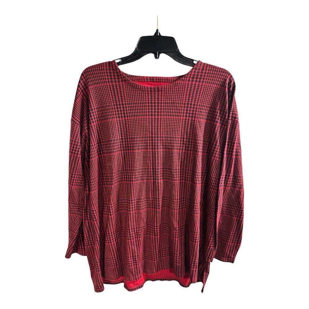 J Jill Shirt Women Medium Red Black Houndstooth Simply Supima Crew‎ Neck Tunic